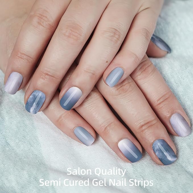 Semi Cured Gel Nail Strips, 28 pcs UV Gel Nail Stickers for Women Work with Any UV Light, Long Lasting Nails Strips for Home DIY Nails (Dreamy Waves)