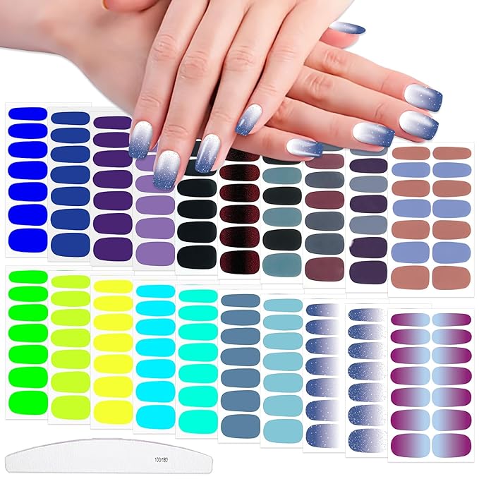 WOKOTO 20 Sheets Blue Purple Nail Wraps for Women Solid and Gradient Designs Polish Strips With File Kit Stick On Stickers Full Art Decals Color Sheets