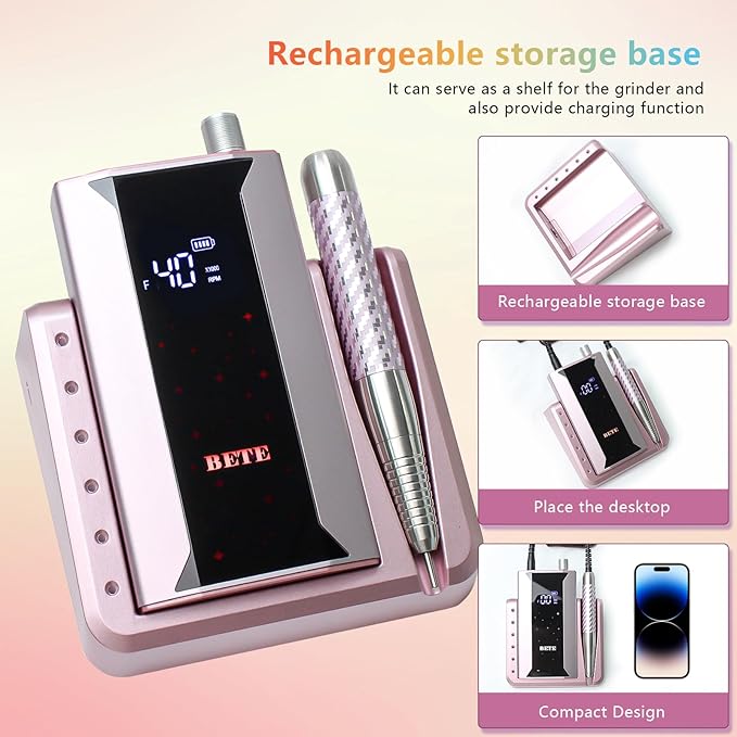 BETE Professional Nail Drill Machine, 0-40000RPM Brushless Durable Electric Nail File for Acrylic Gel Nails, Rechargeable Nail Drill with Charging Base with 6pcs Drill Bits for Salon Home, Pink