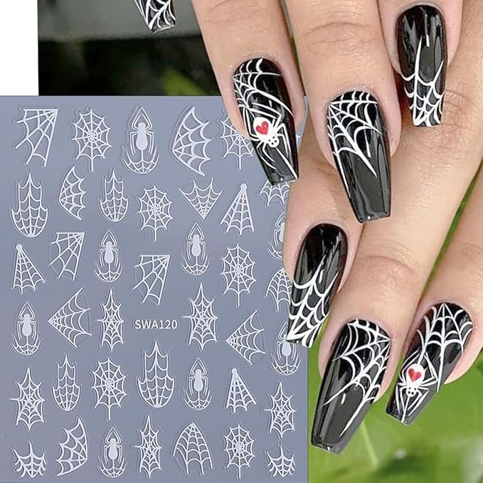 8Pcs Spider Nail Art Stickers 3D Self Adhesive Horror Goth Nail Decals Black White Gold Silver Halloween Nail Stickers Holiday Nail Design Supplies Spider Web Sticker for Women Manicure Decoration