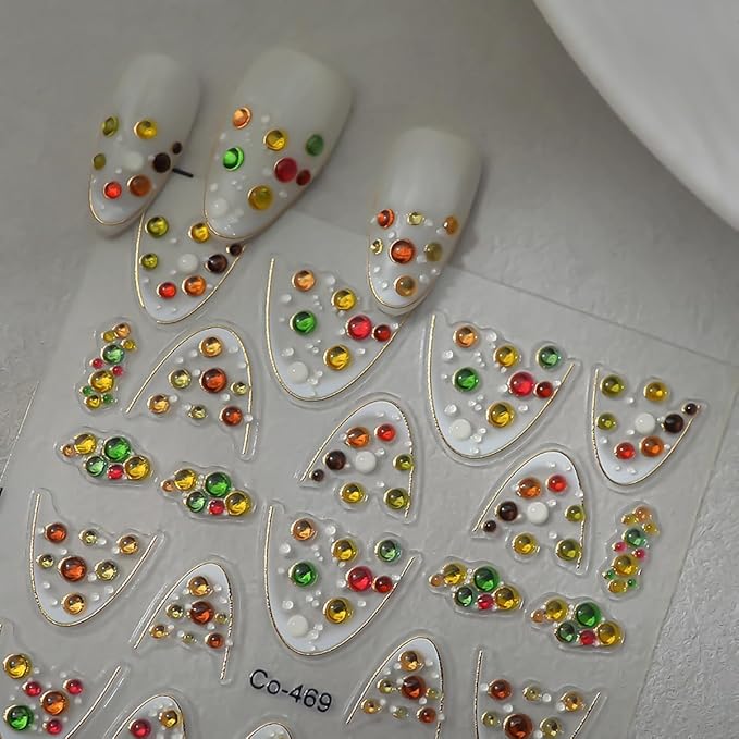 French Tip Nail Stickers for Nail Art Yellow Green Red Gems Design 5D Nails Decals Self Adhesive Colorful Rhinestone French Nails Art Stickers for Women Luxury Manicure Decoration Accessories 1pcs