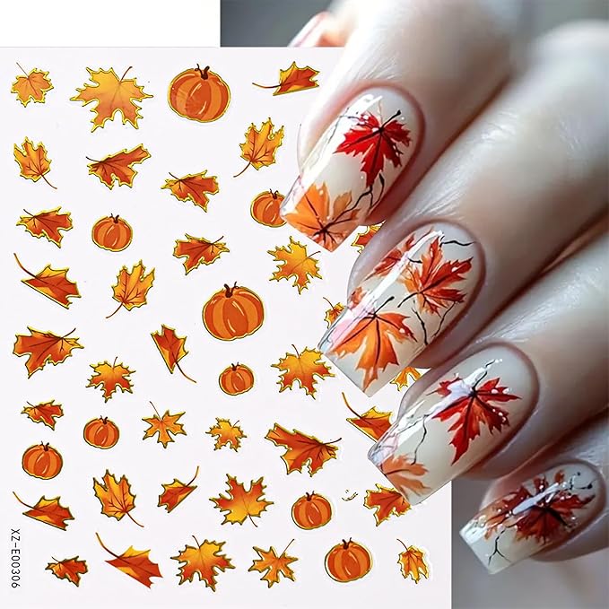 Fall Gold Maple Leaves Nail Stickers 3D Self-Adhesive Nail Art Stickers Decals with Gold Leaves Fox Design Autumn Nail Stickers for Nail Art Pumpkin Thanksgiving for Women Nails Art Decor