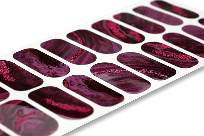 | 20 Exquisite Gel Nail Polish Strips w/Application Accessories - No UV/LED Lamp Required (Marbled Mulberry & Pink Glitter)