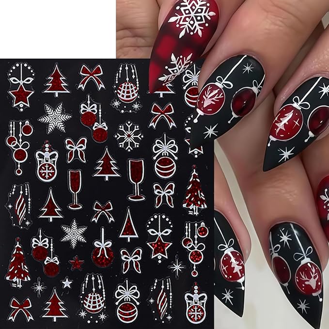 9 Sheets New Year Nail Stickers 3D Self-Adhesive Santa Claus Christmas Snowflake Nail Decals Elk Bow Xmas Tree Snowball Nail Art Stickers Butterfly Star Nail Decoration Supplies for Women Nail Designs