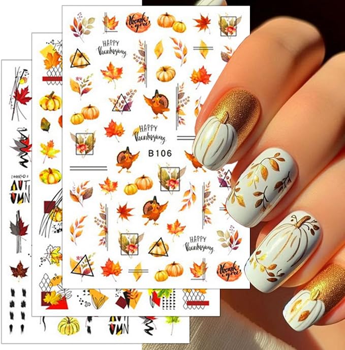 8 Sheets Thanksgiving Nail Decals 3D Self-Adhesive Autumn Pumpkins Nail Art Stickers Thanksgiving Maple Leaves Turkey Nail Art Decals Fall Maple Leaf Nail Stickers for Women Girls Nail Design Supply