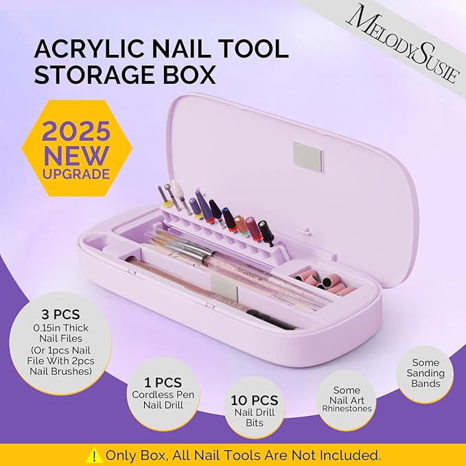 [2025 Upgraded]MelodySusie Acrylic Nail Tool Storage Box,Portable Dustproof Stand Displayer Holder Organizer Container Manicure Efile Accessories Nail Drill Kit Case,Travel Salon Home,Purple(Only Box)