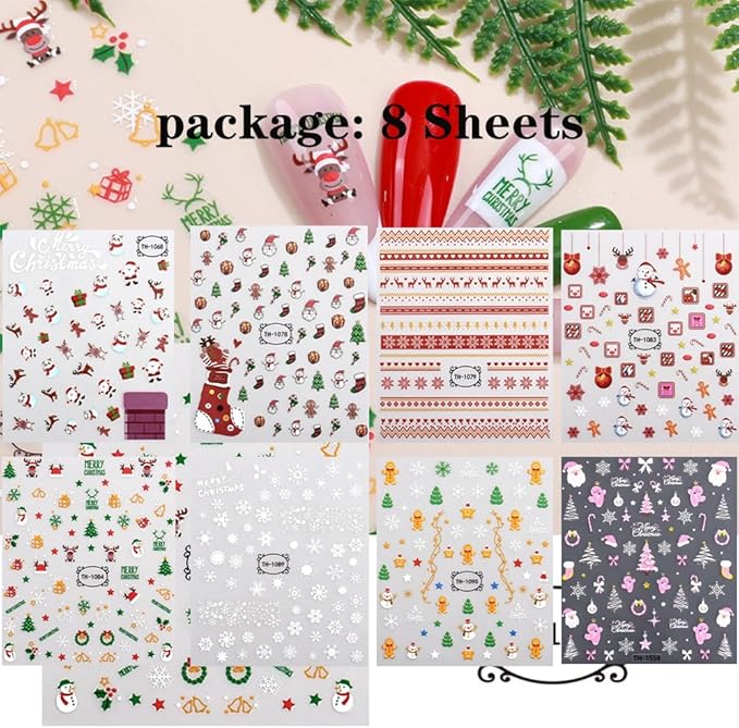 8 Sheets Christmas Nail Stickers for Nail Art, 3D Self-Adhesive Deer Nail Decals, Trees Nail Supplies Nail Art Design Accessories for Women and Girls Manicure DIY Decoration