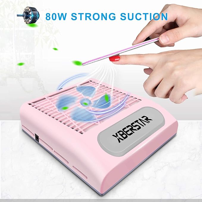 XBERSTAR 80W Nail Dust Collector for Acrylic Gel Nails,Manicure,Nail Jewelry,Calluses (Pink)