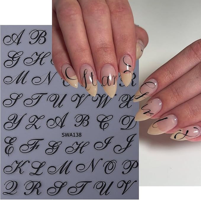 6 Sheets Gothic Nail Art Sticker Decals, Russian Letters Notes Nail Stickers Holiday Nail Decals for Nail Art Black Graffiti Style Design Nail Supplies Elegant Self Adhesive Decals for Women Decor