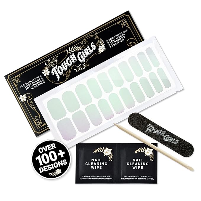 | 20 Exquisite Gel Nail Polish Strips w/Application Accessories - No UV/LED Lamp Required (Clear Gloss w/Green & Pink Iridescence)
