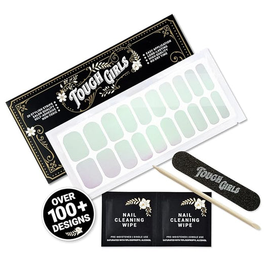 | 20 Exquisite Gel Nail Polish Strips w/Application Accessories - No UV/LED Lamp Required (Clear Gloss w/Green & Pink Iridescence)