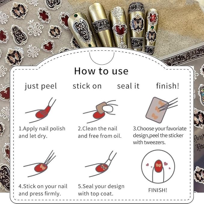 1 Sheets Sliver Nail Stickers for Nail Art, Boho Embossed Jelly Self-Adhesive Butterfly Heart Nail Decals, Nail Supplies Nail Art Designs Accessories for Women and Girls Manicure DIY Decoration