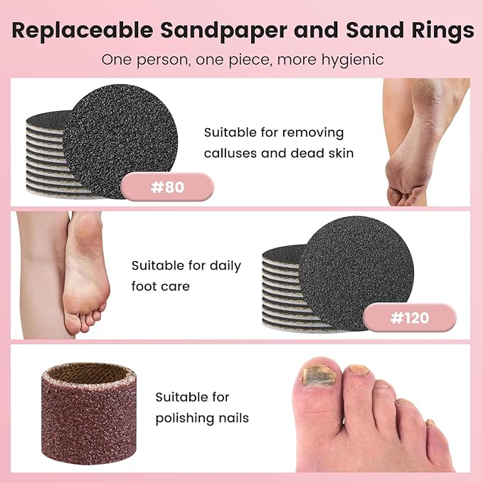 2 in 1 Electric Foot Callus Remover, 2000RPM Professional Electric Callus Remover for Feet with 6 Adjustable Settings, Rechargeable Foot File & Nail Drill with 40Pcs Sandpaper Discs (Pink)