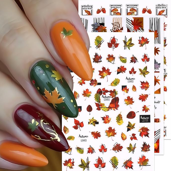 Maple Leaf Nail Art Stickers 3D Laser Shiny Autumn Winter Maple Red Leaf Nail Decals Autumn Maple Leaf Pumpkin Mushroom Nail Decoration Autumn Thanksgiving Day Nail Sticker for Women Nail Accessories