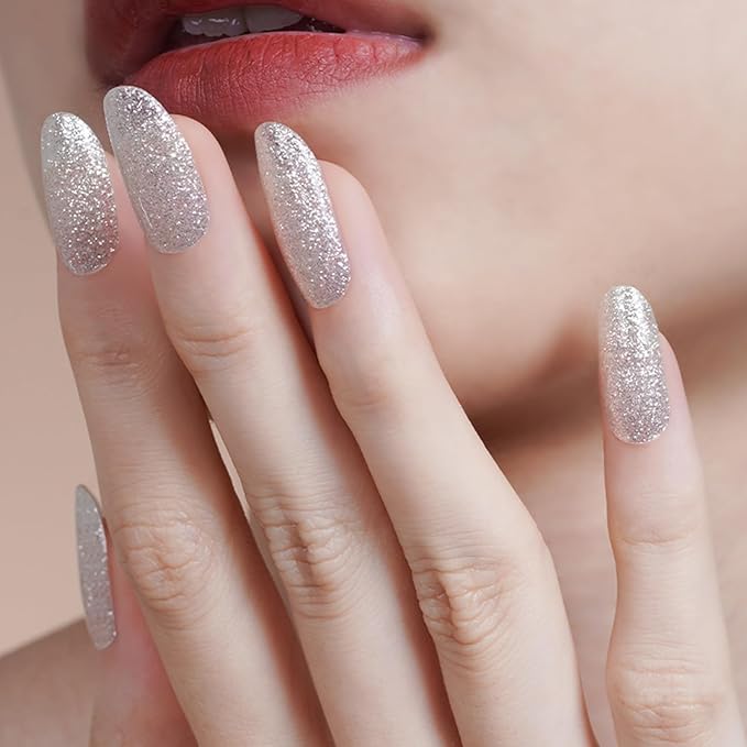 Semi Cured Gel Nail Strips, 20pcs Real Nail Polish Art Stickers, Silver Glitter Gel Nail Stickers - Work with Any UV Lamp, Long Lasting Full Wraps with Nails File and Stick