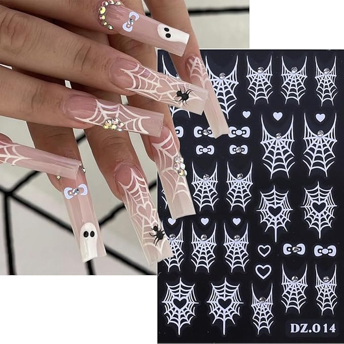 Spider Web Nail Stickers Halloween Nail Decals 3D Self Adhesive Nail Stickers for Nails Bow Heart Spider with Rhinestone Design White Gold Fall Nails Sticker for Women DIY Holiday Manicure 4 Sheet