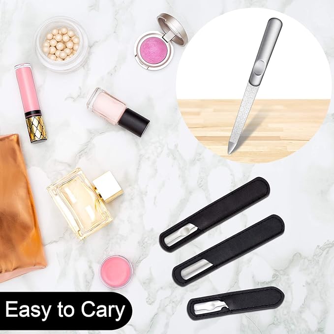 3 Pcs Stainless Steel Nail Files Kit with Leather Case, Double Sided Metal Nail Files with Anti-Slip Handle for Women and Men, Metal File Buffer Manicure Pedicure Tools for Fingernail Toenail(Black)