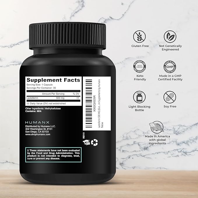HUMANX Lactoferrin 500mg - Powerful Serving Size (Gluten Free, Non GMO, Soy Free Supplements) - A Component in Colostrum - USA Made, Supports Healthy Immunity, Iron Utilization & Absorption