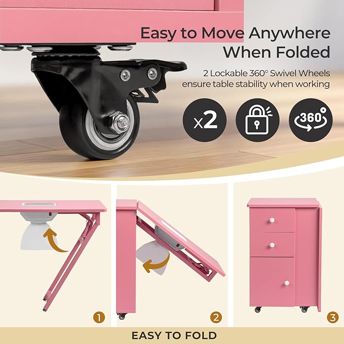 Winado Foldable Manicure Table for Nail Tech, Nail Desk Station Makeup Beauty Salon Storage Acetone Resistant w/Electric Dust Collector, Lockable Wheels, Wrist Cushion, Drawers & Cabinet, Pink