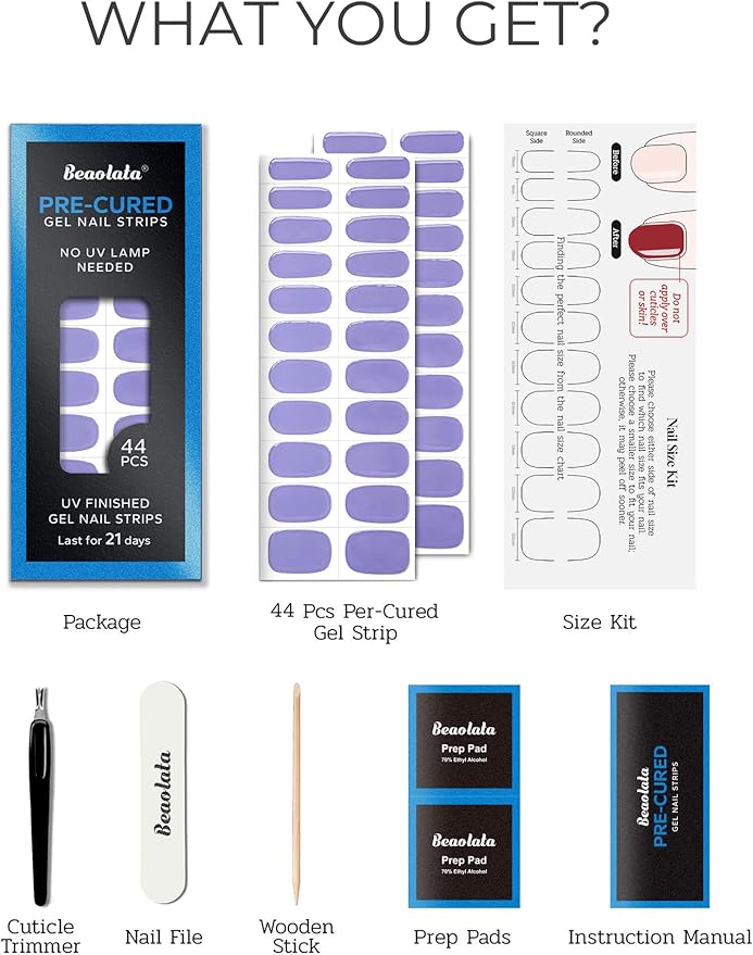 Pre Cured Gel Nail Strips - 44PCS Salon Quality Gel Nail Stickers - Long Lasting Polish Wraps for Women no UV Light Needed Easy Apply& Remove (Royal Purple)