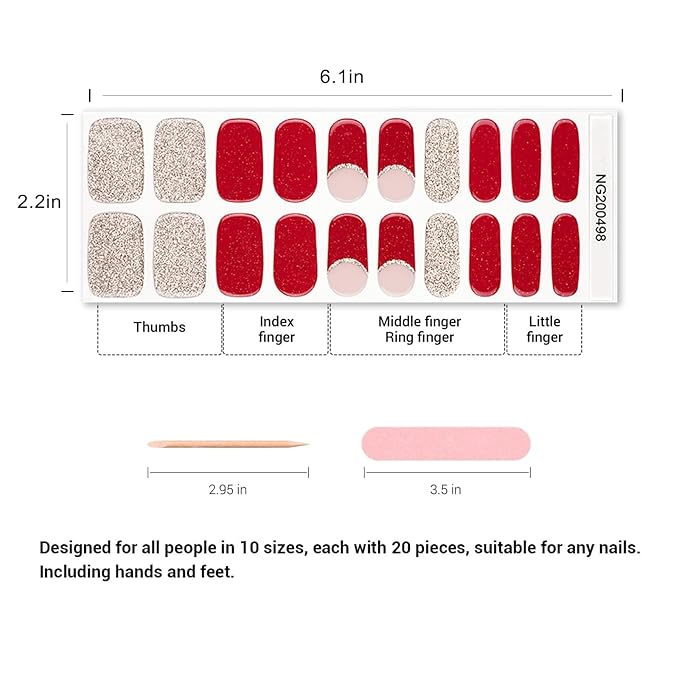 Semi Cured Gel Nail Strips, 20pcs Glittery Red Gold Gel Nail Stickers - Works with Any UV Lamps, Long Lasting Full Wraps, Easy to Apply and Remove