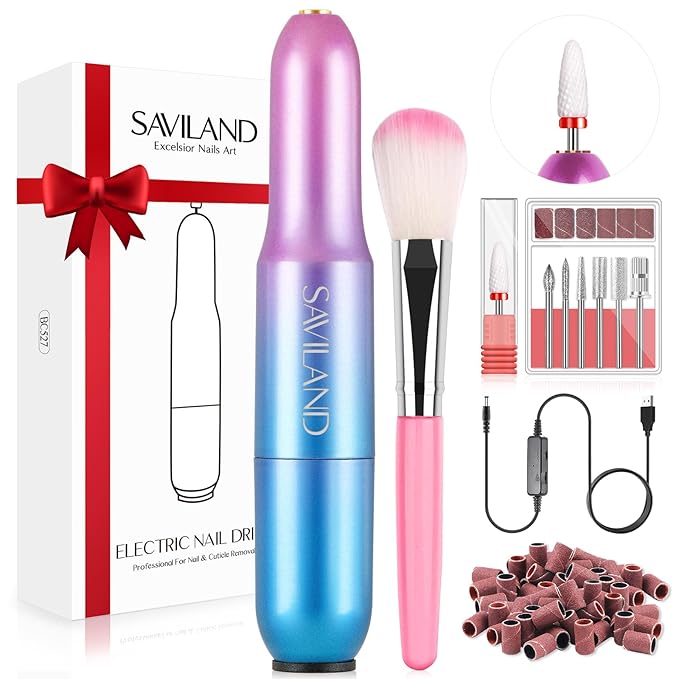 SAVILAND Portable Electric Nail Drill - 20000 RPM USB Electric Nail File with 7 Nail Drill Bits & 51 Sanding Bands for Nail Prep Acrylic Nails Dip Nails Gel Nails Home Salon Use