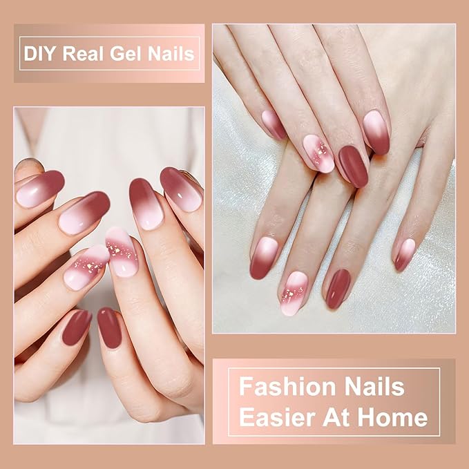 Semi Cured Gel Nail Strips,28 PCS Fall Nail Art Stickers for Holiday (Brick Red),Gel Stickers for Nails UV Light,Nail Polish Strips Includes Prep Pads, Nail File & Wood Stick
