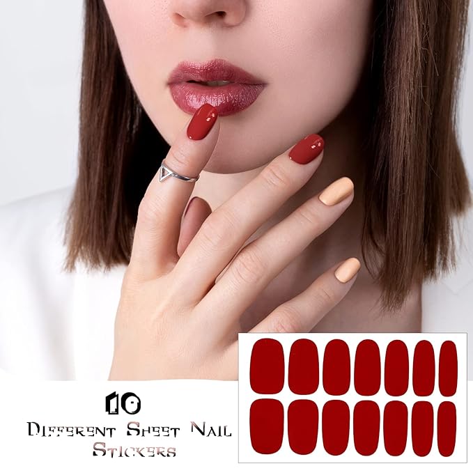 140 Pcs 10 Sheets Solid Color Full Wrap Nail Stickers Polish Strips Gradient Stickers Glitter Self Adhesive DIY Art Decals Strips with 2 Pcs Nail Files for Holiday Decor (Pure Color Style)