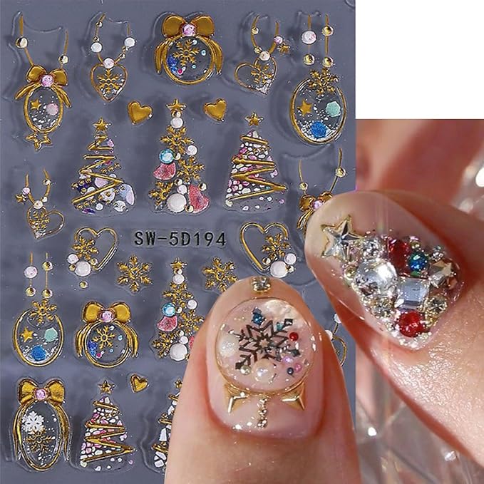 Christmas Nail Art Stickers 5D Relief Nail Decals Bow Nail Stickers for Nail Art Colorful Christmas Tree Heart Bow with Rhinestone Design Snowflake Nail Sticker for Women DIY Holiday Nails 3 Sheets