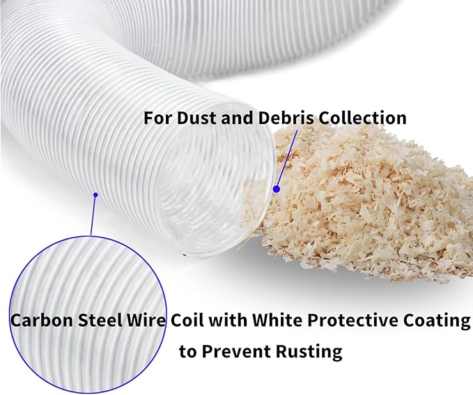 JUYO VONSAN 4 inch Dust Collection Hose 4” Flex Heavy Duty Clear PVC Debris Collector Hose With Connector and Clamps (4'' X 30ft)