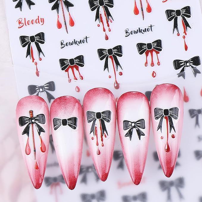 2 Pcs Halloween Nail Art Stickers,Spider Webs and Bloodstains Designs 3D Self-Adhesive Nail Decals Black Bow Nail Decorations Halloween DIY Manicure Supplies for Women Girls
