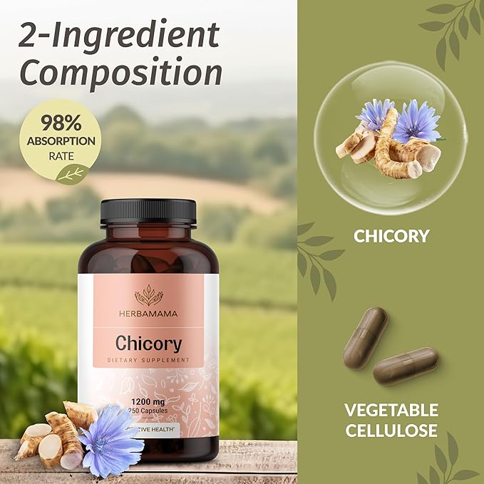 HERBAMAMA Chicory Root Fiber Capsules - 1200mg Chicory Root Powder for Gut Cleanse & Digestive Support - Vegan, Non-GMO Inulin Prebiotic Fiber Supplement