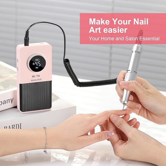 Electric 45000RPM Nail Drill Machine Rechargeable Portable Nail File Electric DIY Nail Drill Kit with Smart LCD Screen for Gel Nail Manicure and Pedicure Reflective Body etc (Pink)