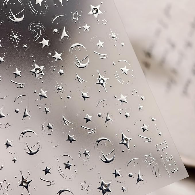 1Sheet Moon Star Nail Art Stickers 5D Embossed Silver Nail Stickers Luxury Star Moon Sticker for Nails Designs Diamond Star Nail Decals Y2K Nails Supplies Manicure Accessories for Women