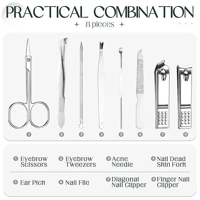 Lasnten 24 Set Christmas Manicure Set Bulk Nail Clippers Grooming Nail Kit Stainless Steel Professional Pedicure Kit Pedicure Tools with Travel Case Gifts for Xmas Men Women(8 in 1,Dark Green)