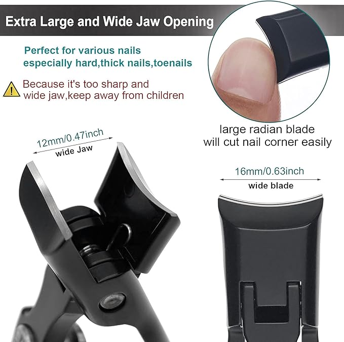 Toenail Clippers for Men Thick Nails Large Wide Jaw Opening Portable Ultra Sharp Nail Clippers with Catcher Heavy Duty Fingernail Cutter for Adult Seniors Women (Black with File)