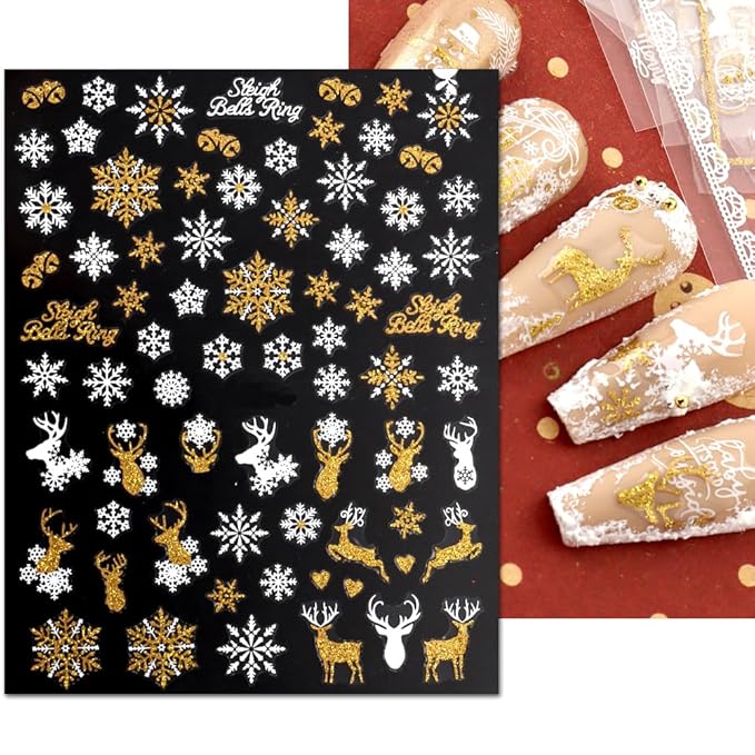 JMEOWIO 9 Sheets Christmas Nail Art Stickers Decals Self-Adhesive Pegatinas Uñas Bling Snowflake Snowman Holiday White Gold Nail Supplies Nail Art Design Decoration Accessories