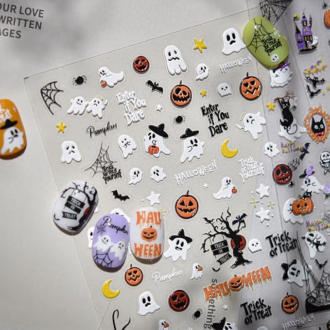 1Sheet Embossed 5D Halloween Nail Stickers Cute Ghost Pumpkin Nail Decals Self-Adhesive Halloween Spider Web Bats Nail Supplies Pegatinas Uñas Spider Nails Design for Women DIY Manicure Decoration