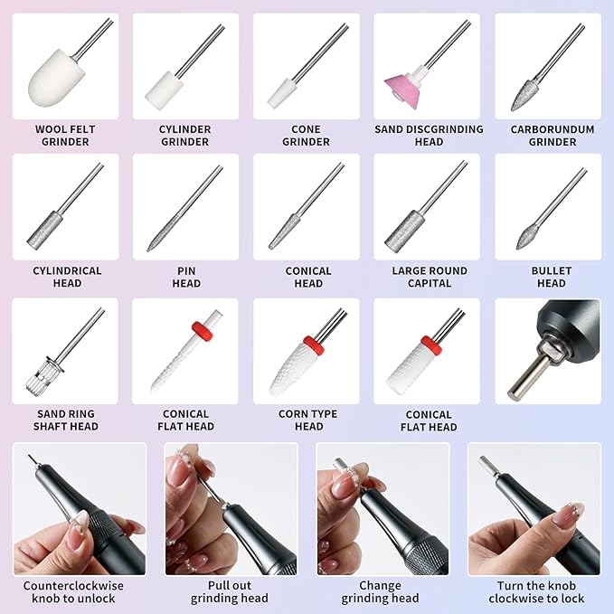 Professional Electric Nail Drill Kit 35000RPM with 14PCS Bits Pink Portable Rechargeable Cordless File Machine for Acrylic Gel Powder Nails and Manicure Pedicure Toenail Tool Salon Set