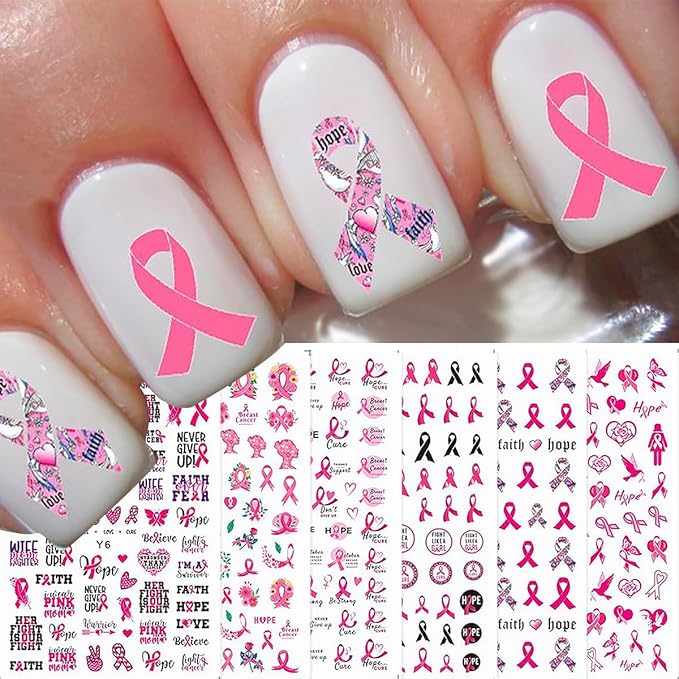 6 Sheets Breast Cancer Nail Art Stickers - 3D Self-Adhesive Heart Letter Nail Decals Pink Ribbon Breast Cancer Nail Designs for Women & Girls Acrylic Manicure Salon