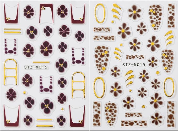 2 Pcs Leopard Print Nail Stickers Fall Decals for Nial Art French Nail Art Design 5D Embossed Brown Flower Nail Supplies Golden Circle Nail Art Accessories for Women Autumn DIY Manicure Decoration