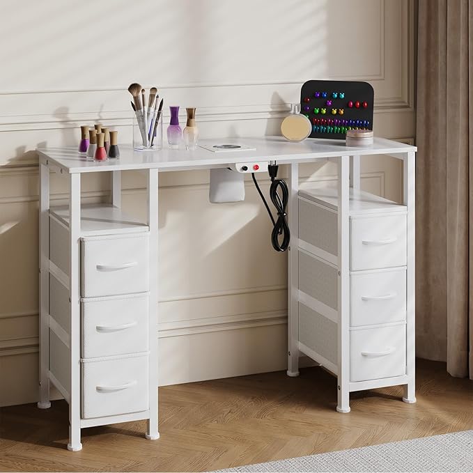 Manicure Table Nail Desk for Nail Tech, Nail Beauty Table w/Electric Dust Collector & 6 Storage Drawers & Open Shelves for Home, Workshop, Makeup Beauty Salon Workstation