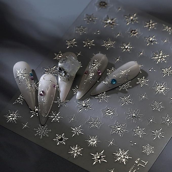 Snowflake Nail Art Stickers Decals 5D Embossed Christmas Snowflake Nail Stickers with Rhinestone 1PCS Silver Winter Snowflakes Self-Adhesive Nail Decals Xmas Nail Art Decoration Supplies for Women