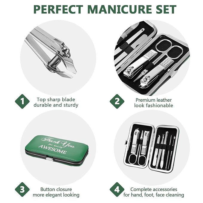 Therwen 24 Sets Manicure Set Nail Clippers 8 in 1 Stainless Steel Grooming Nail Kit Thank You Appreciation Gift Professional Pedicure Tool for Men Women Personal Care(Green)