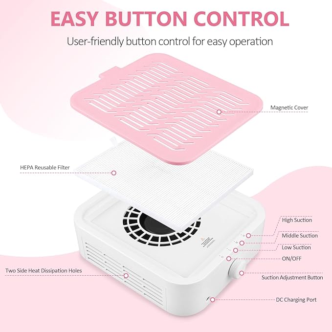 LIONVISON Nail Dust Collector for Acrylic: 120W Professional Nails Dust Collector With Reusable HEPA Filter For Home Salon Use - Portable 3 Speed Vacuum DIY Manicure For Nail Art Beginners (Pink)