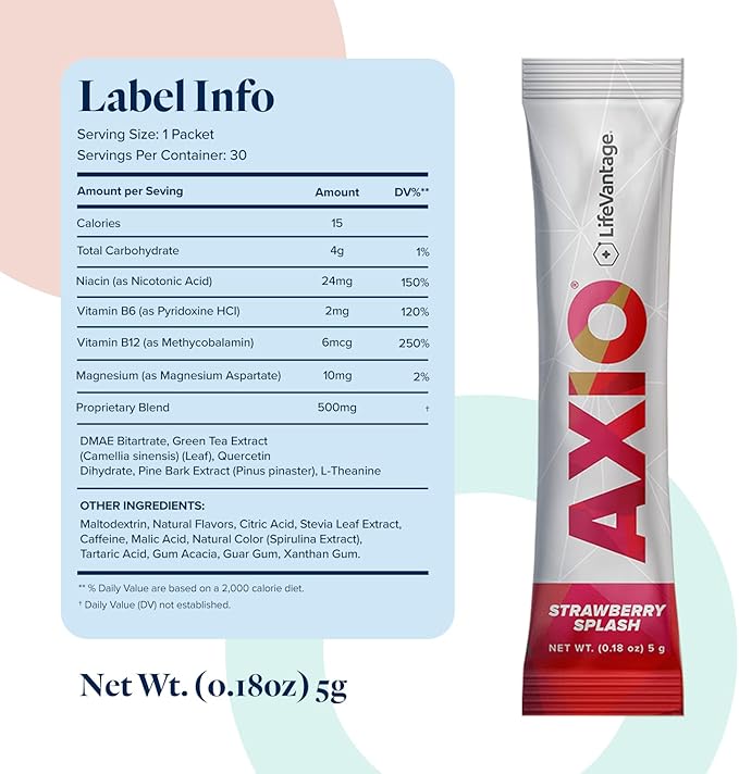 LifeVantage AXIO Regular Energy Drink Powder, Nootropic Supplement, Focus & Mood Support, with L-theanine, Green Tea, B Vitamins, DMAE, Quercetin & Pine Bark, Strawberry Splash, 30 Packets