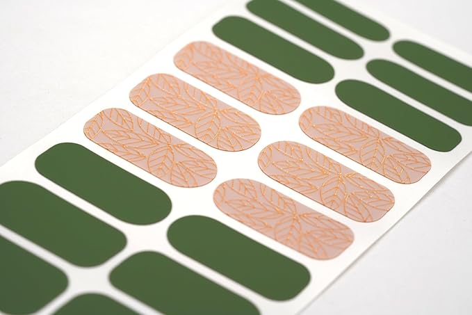 | 20 Exquisite Gel Nail Polish Strips w/Application Accessories - No UV/LED Lamp Required (Gold Foil Leaves & Green)