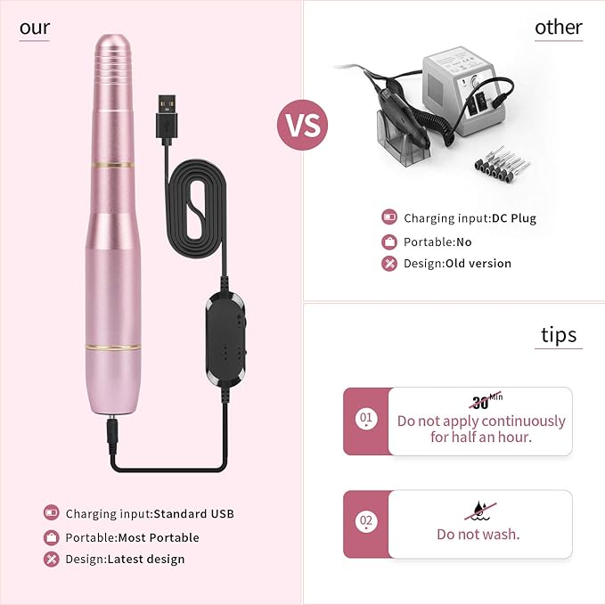 DMD Portable Electric Dip Nail Drill Kit Hinder Professional Nail Drill 20000 RPM USB Machine for Acrylic Nails Removal with One Ceramic Burr and 100 Pcs Sanding Bands