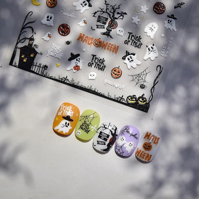 1Sheet Embossed 5D Halloween Nail Stickers Cute Ghost Pumpkin Nail Decals Self-Adhesive Halloween Spider Web Bats Nail Supplies Pegatinas Uñas Spider Nails Design for Women DIY Manicure Decoration
