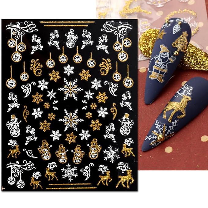 JMEOWIO 9 Sheets Christmas Nail Art Stickers Decals Self-Adhesive Pegatinas Uñas Bling Snowflake Snowman Holiday White Gold Nail Supplies Nail Art Design Decoration Accessories
